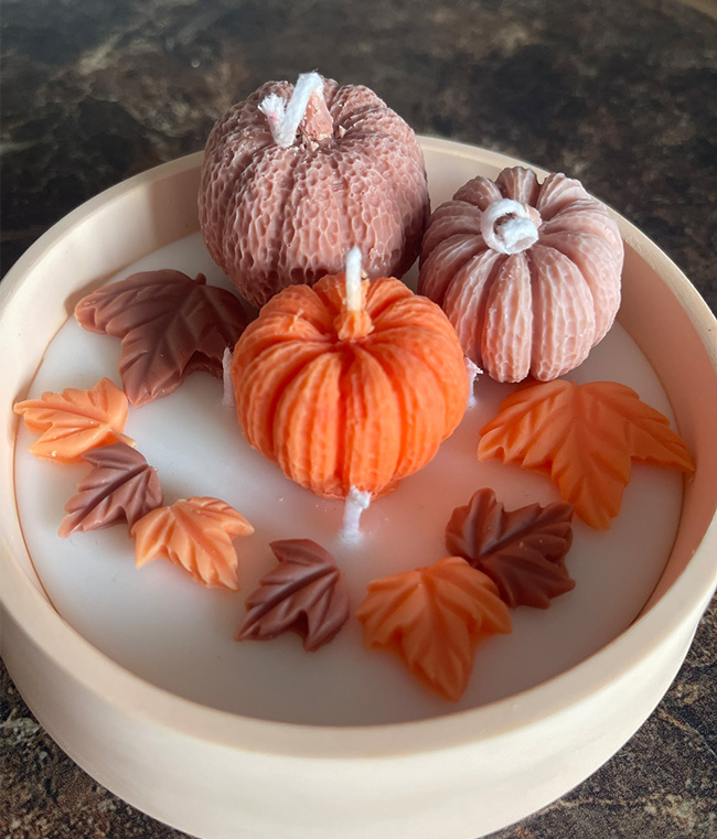 sonbahar mum koleksiyonu yapraklar ve bal kabakları